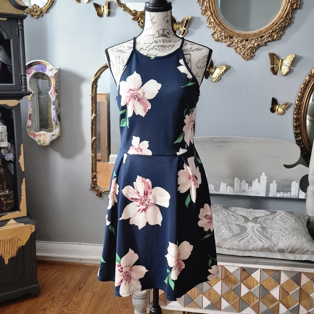 Monteau Navy and Pink Floral Dress Medium
